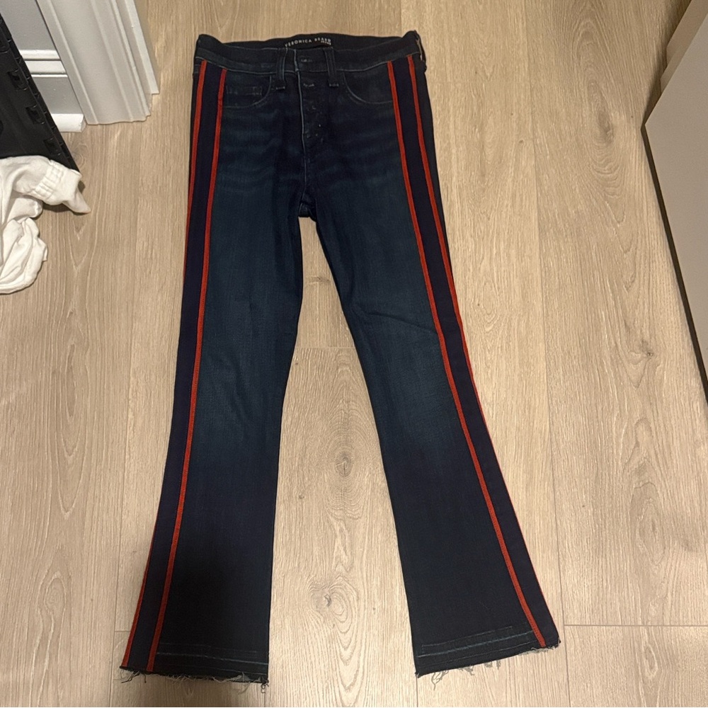 Veronica Beard Dark Blue Denim Flare Jeans with Red Side Stripes